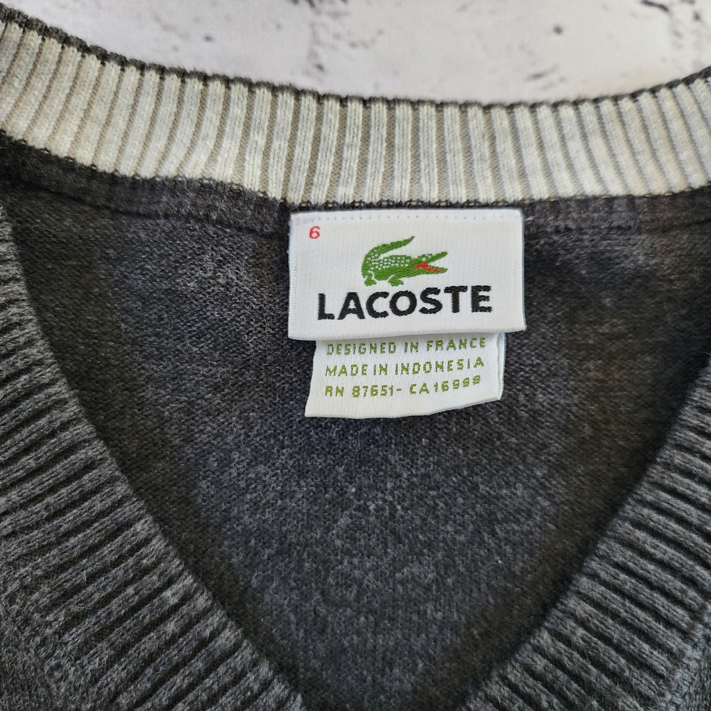Lacoste Mens V-Neck Sweater Charcoal Gray Cotton Size 6 XL F5178 Crocodile Logo - Picture 3 of 8